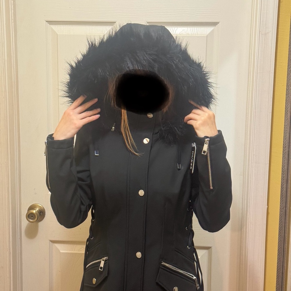 Guess Black Hooded Jacket with Fur Trim